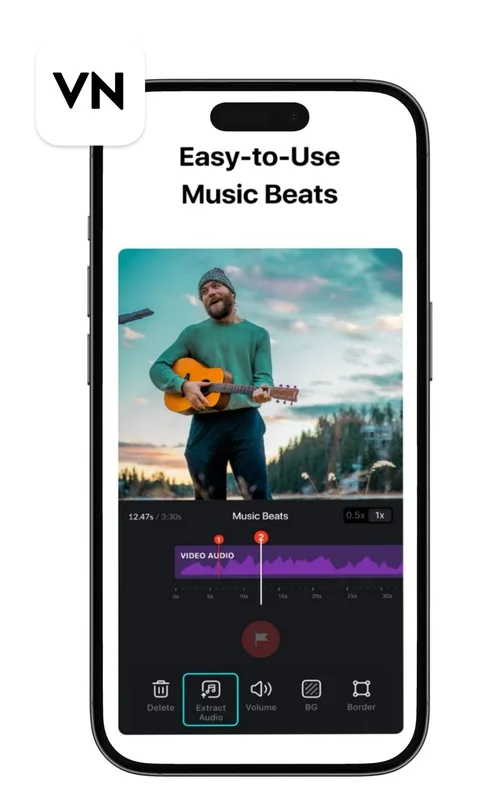 UI of VN Video Editor's audio feature and icon at the upper left side
